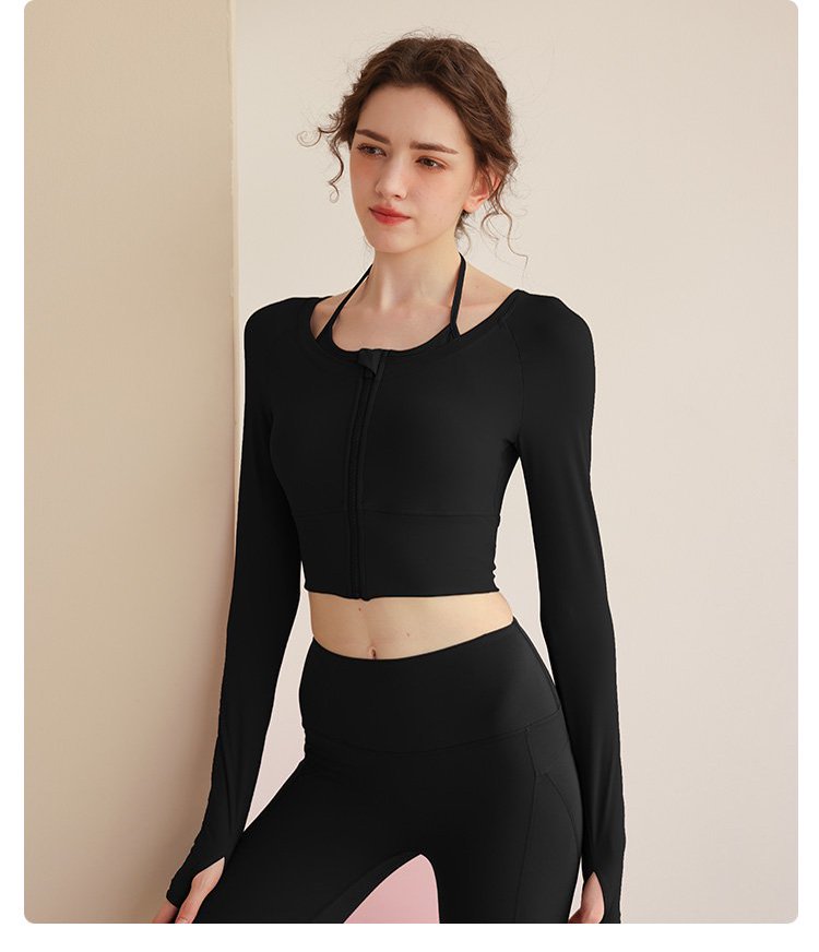 Black Solid Long Sleeve Zip-Up Crop Activewear Top