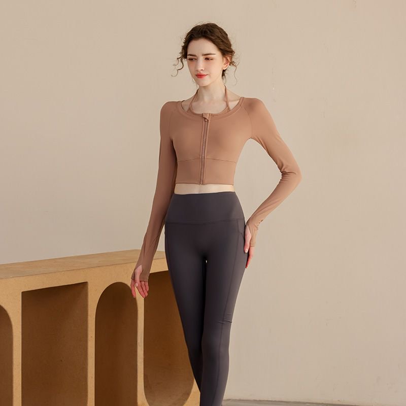 Khaki Solid Long Sleeve Zip-Up Active Crop Top