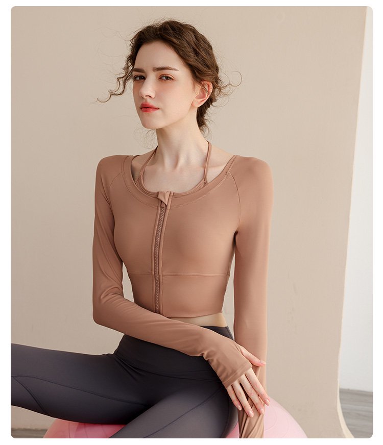 Khaki Solid Long Sleeve Zip-Up Active Crop Top