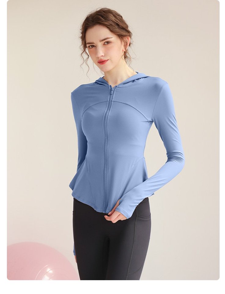 Medium Blue Solid Full-Zip Activewear Hooded Jacket