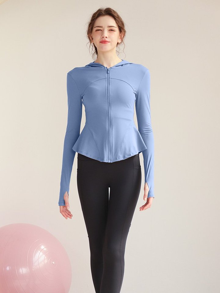 Medium Blue Solid Full-Zip Activewear Hooded Jacket
