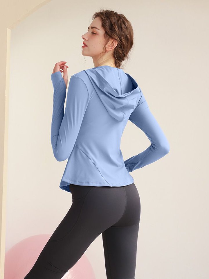 Medium Blue Solid Full-Zip Activewear Hooded Jacket