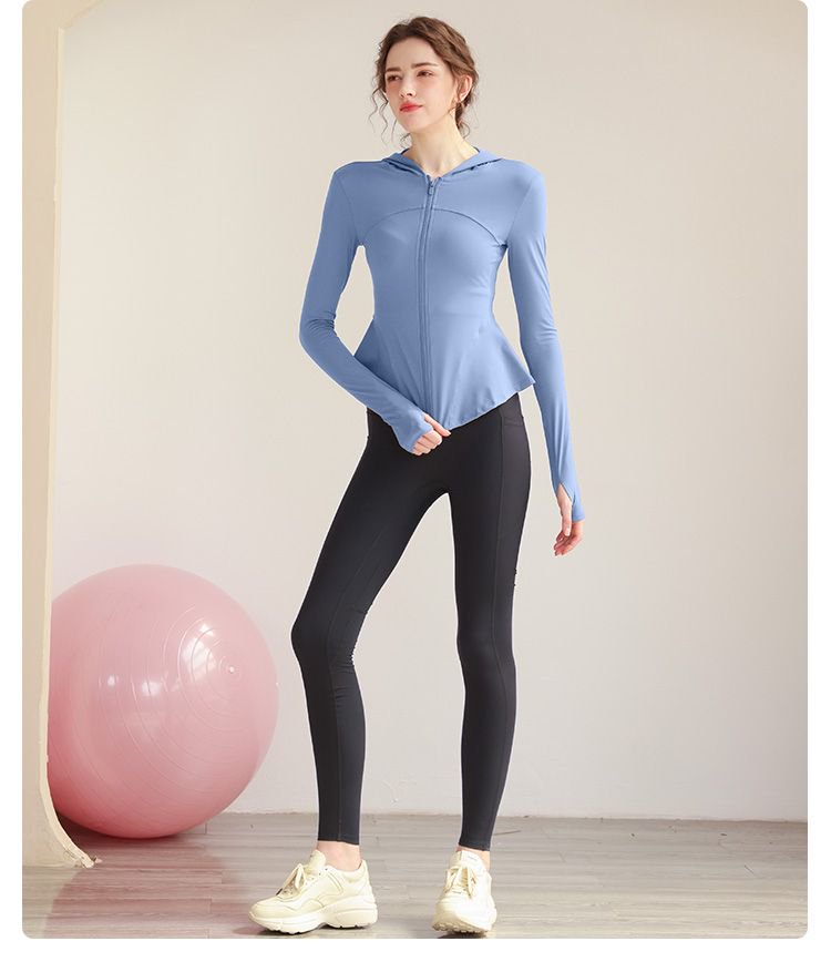 Medium Blue Solid Full-Zip Activewear Hooded Jacket