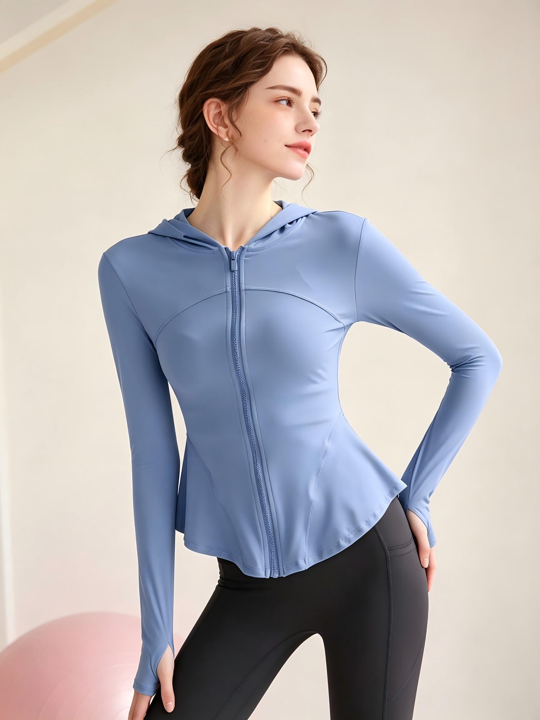 Medium Blue Solid Full-Zip Activewear Hooded Jacket