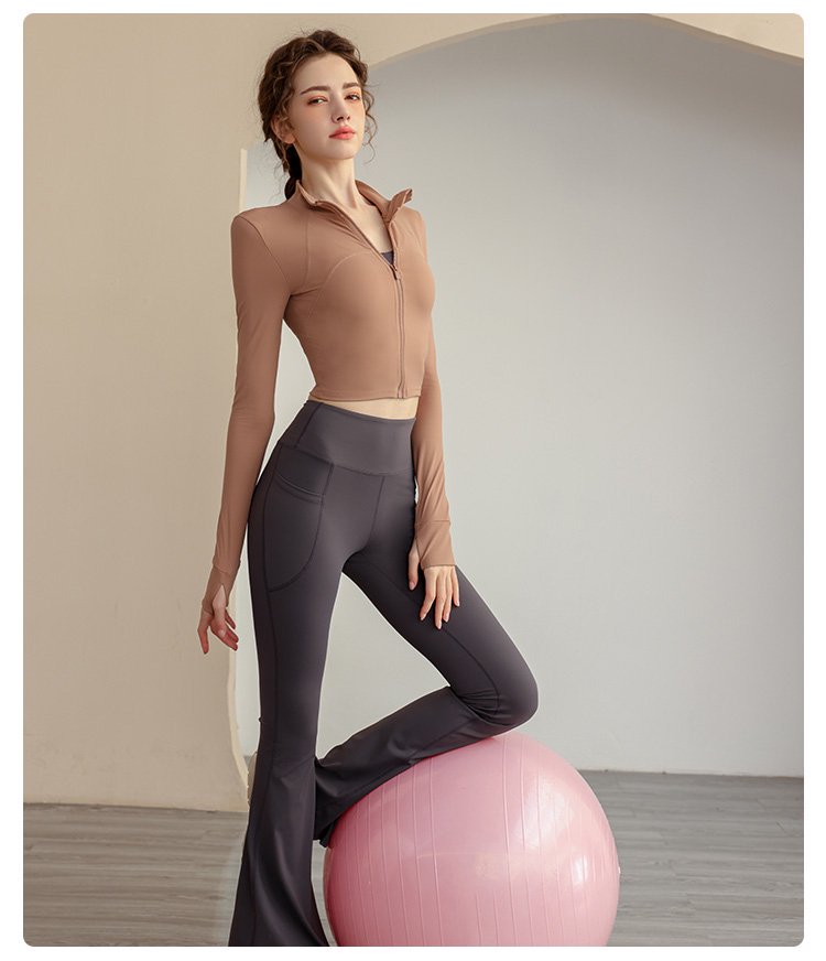 Khaki Long Sleeve Activewear Top with Zip Collar