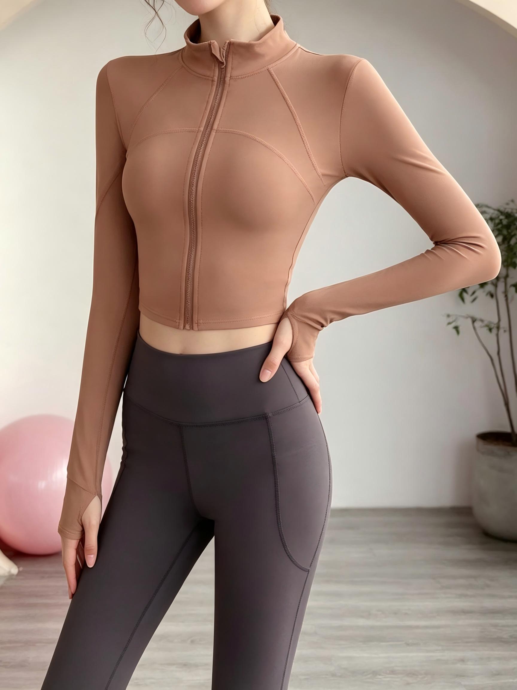 Khaki Long Sleeve Activewear Top with Zip Collar