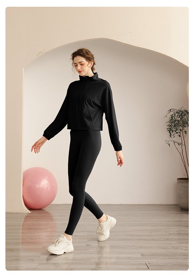 Black Solid Activewear Half-Zip Top