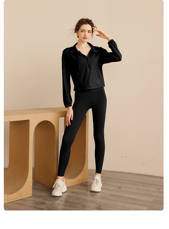 Black Solid Activewear Half-Zip Top