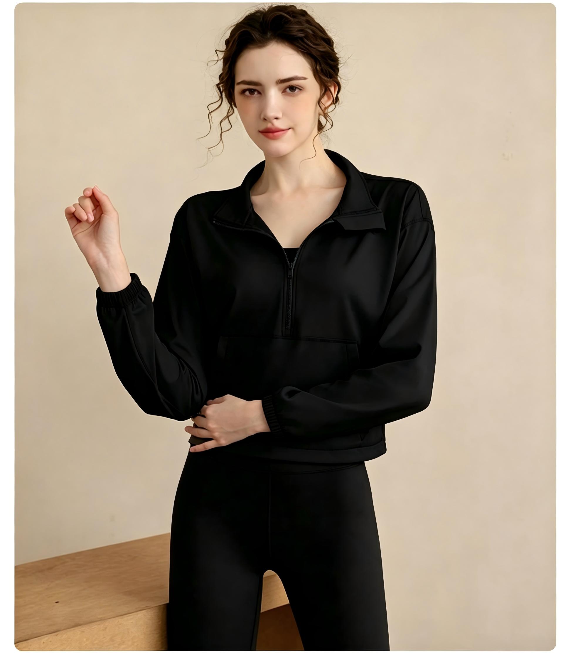 Black Solid Activewear Half-Zip Top