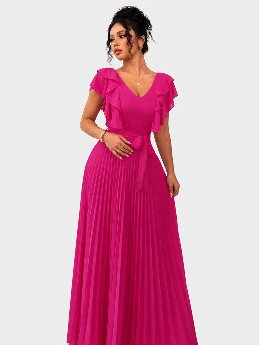 V Neck Ruffle Short Sleeve Waist Tie Pleated Maxi Dress