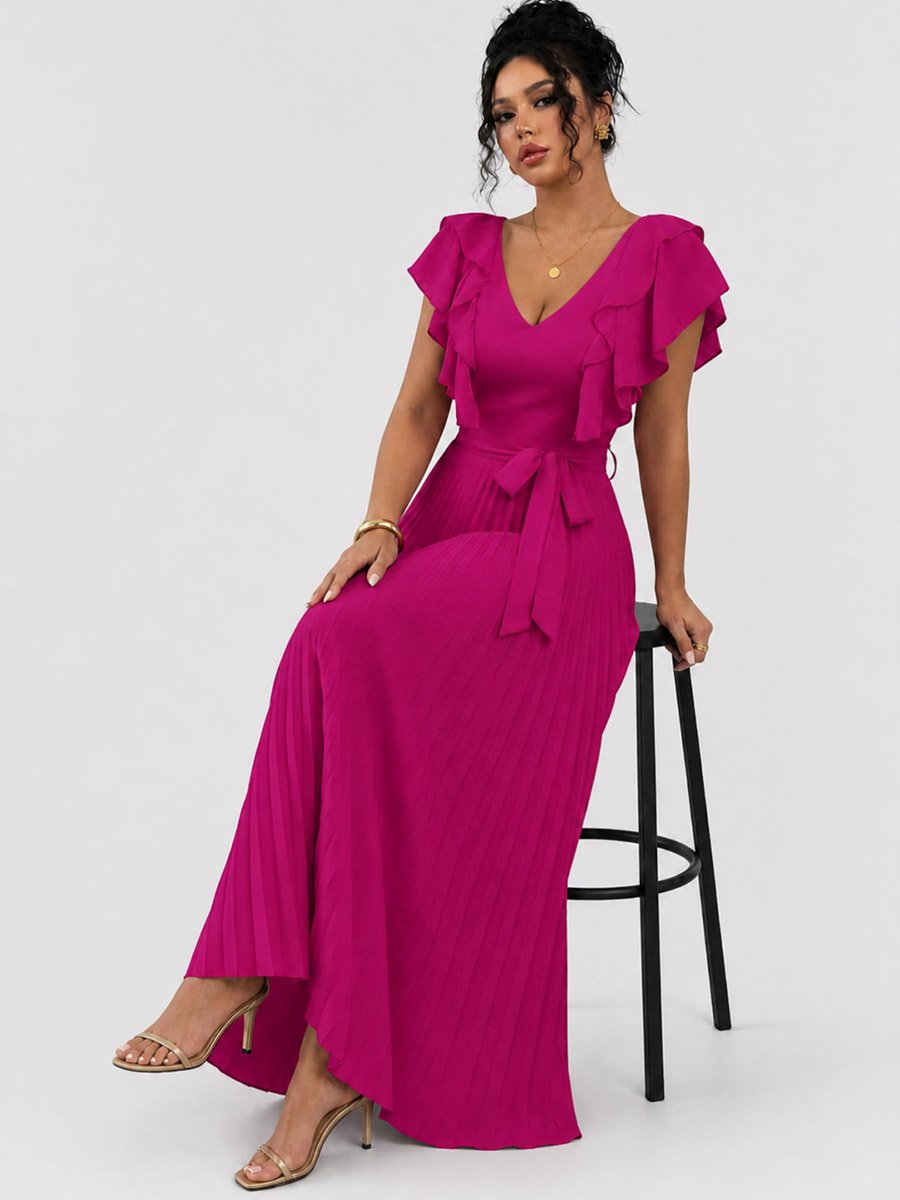 V Neck Ruffle Short Sleeve Waist Tie Pleated Maxi Dress