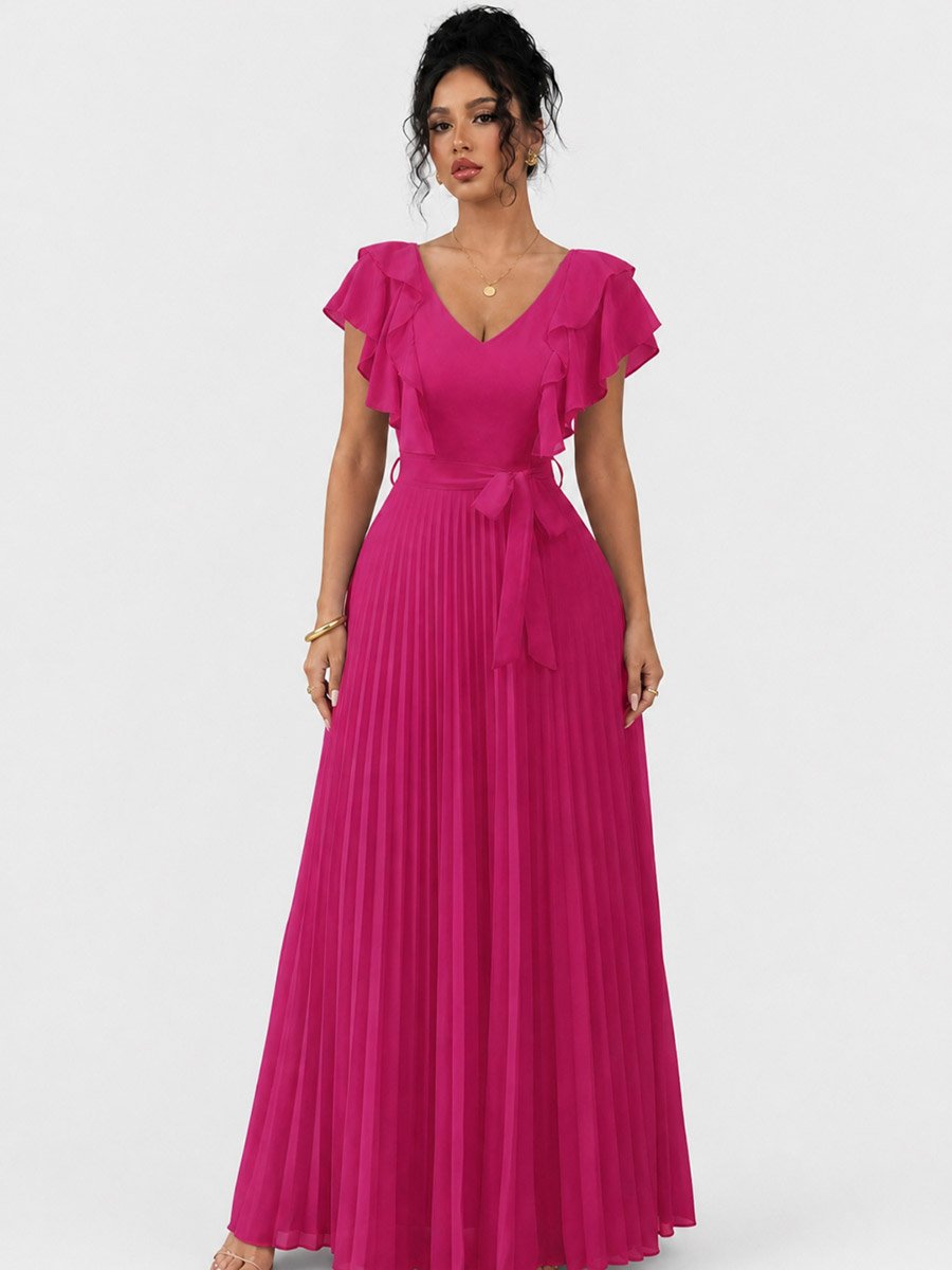 V Neck Ruffle Short Sleeve Waist Tie Pleated Maxi Dress