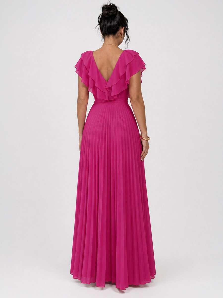 V Neck Ruffle Short Sleeve Waist Tie Pleated Maxi Dress