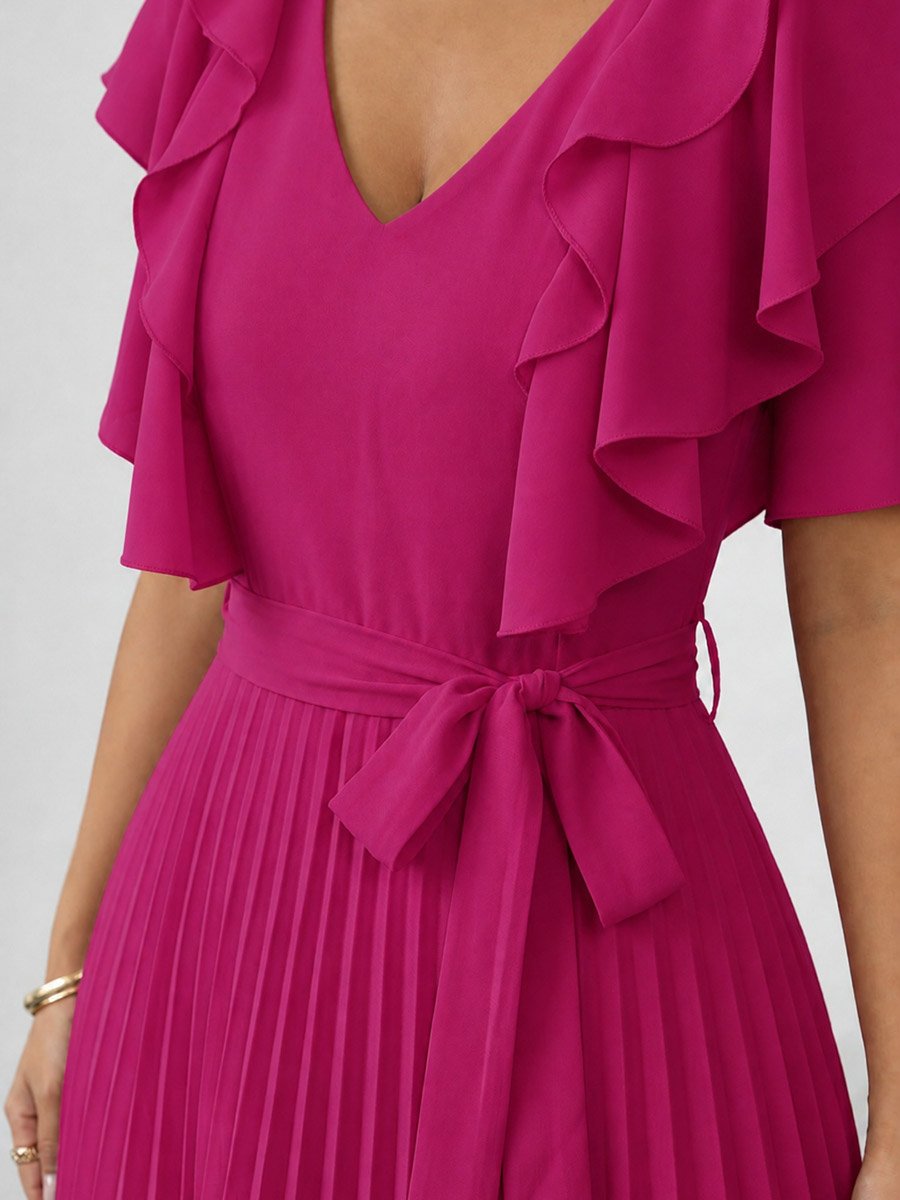 V Neck Ruffle Short Sleeve Waist Tie Pleated Maxi Dress