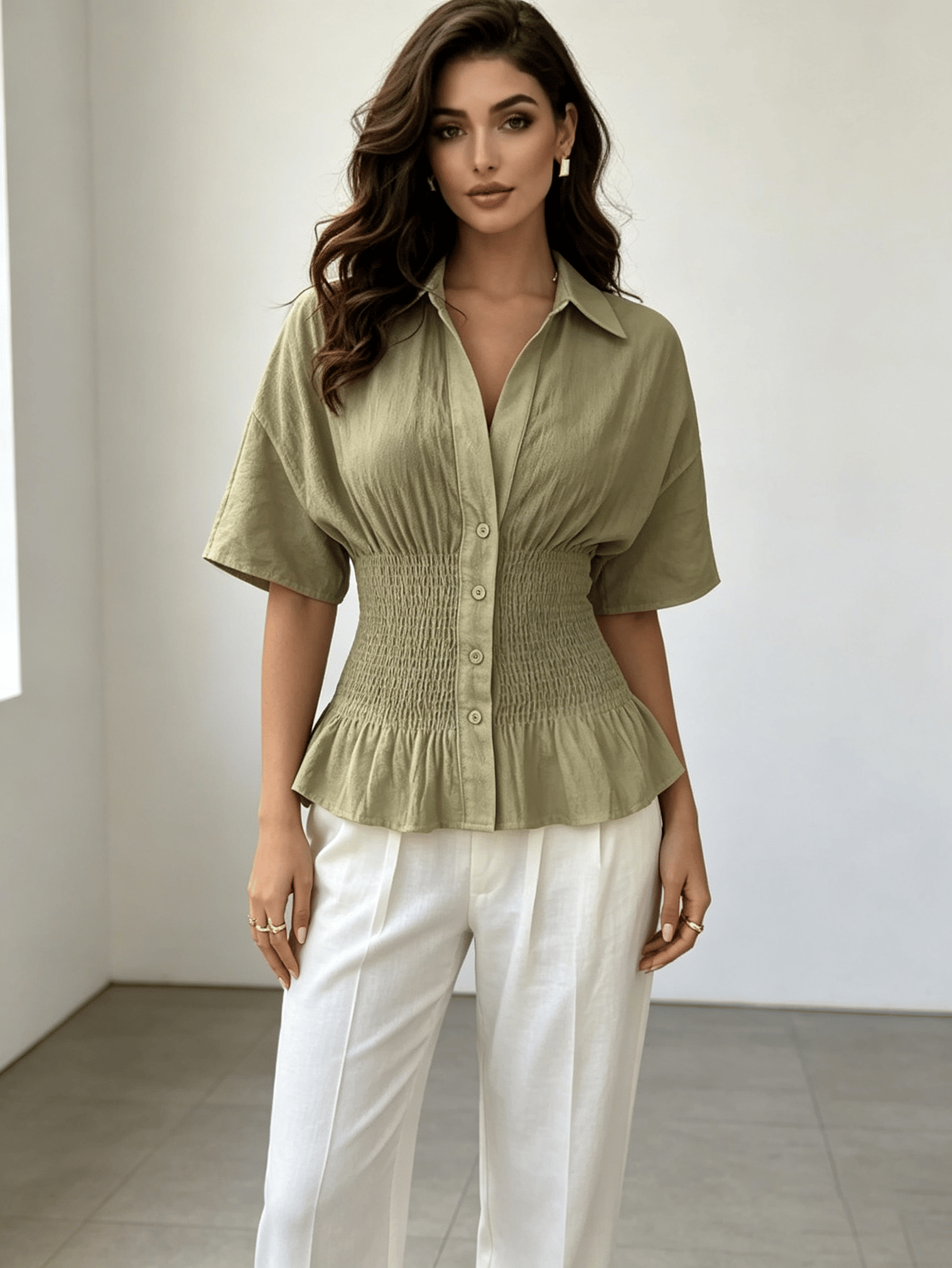 Olive Solid Short Sleeves Regular Shirt