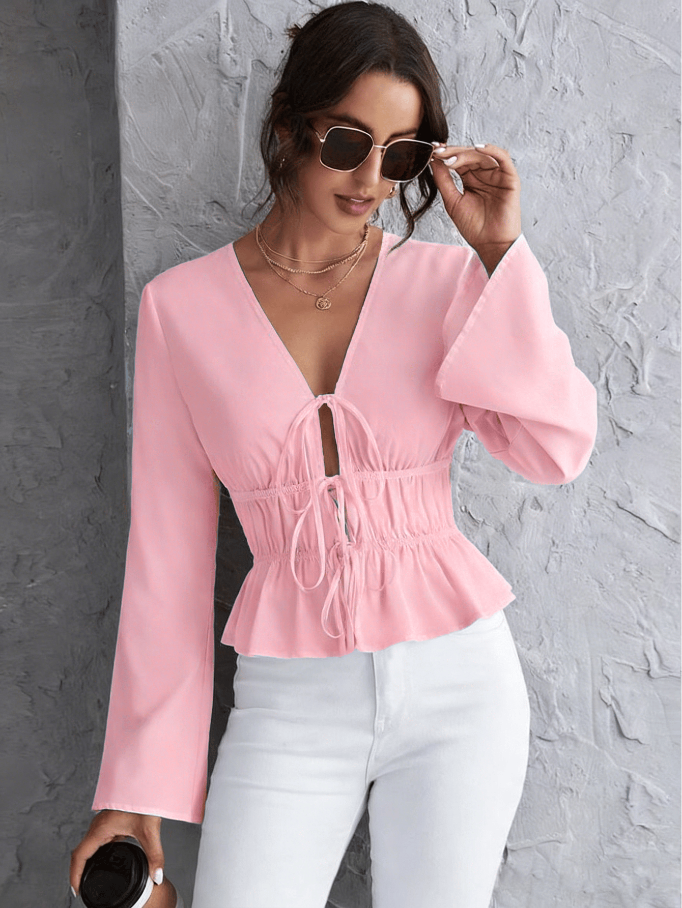Pink Long Sleeve Peplum Blouse with Tie Front