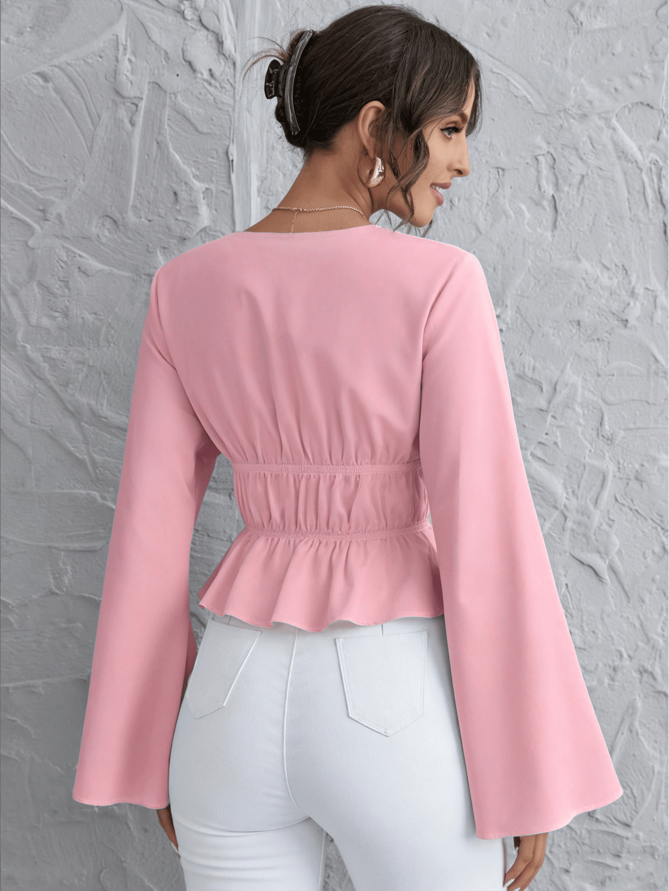 Pink Long Sleeve Peplum Blouse with Tie Front