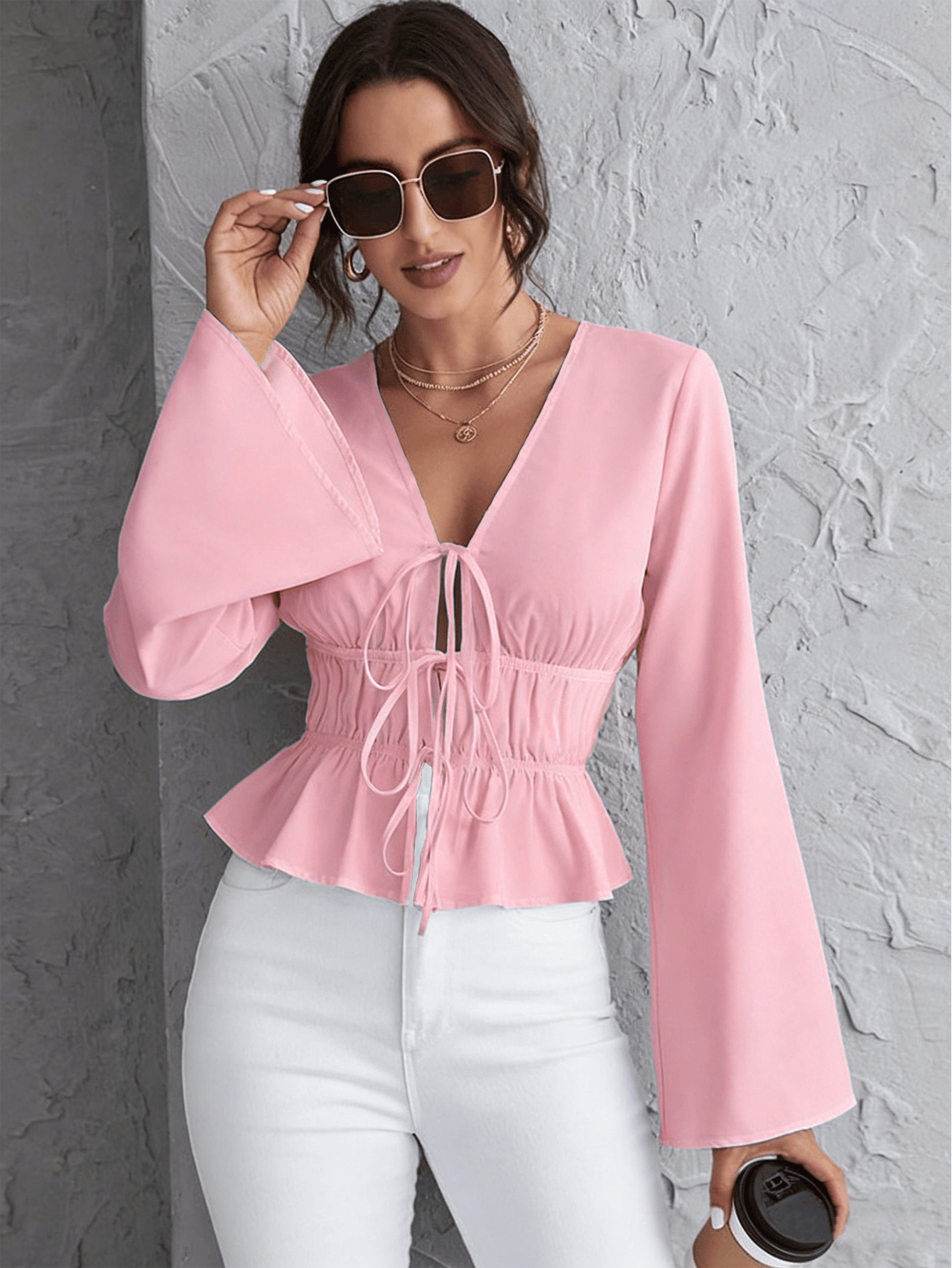 Pink Long Sleeve Peplum Blouse with Tie Front