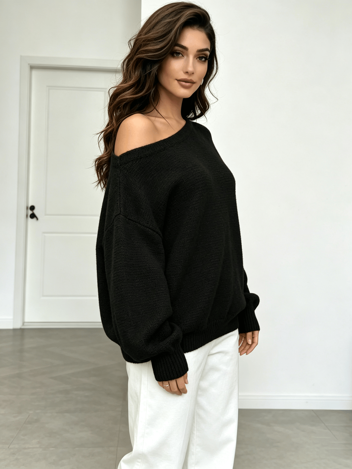 Black Off-Shoulder Oversized Knit Sweater