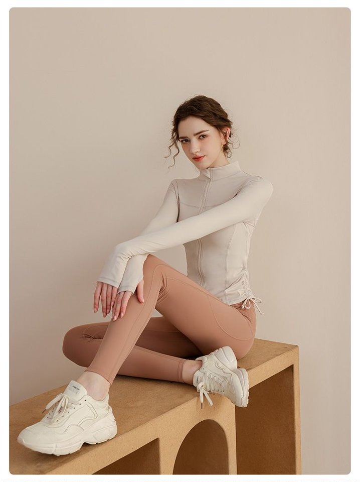 Beige Solid Activewear Jacket with Drawstrings