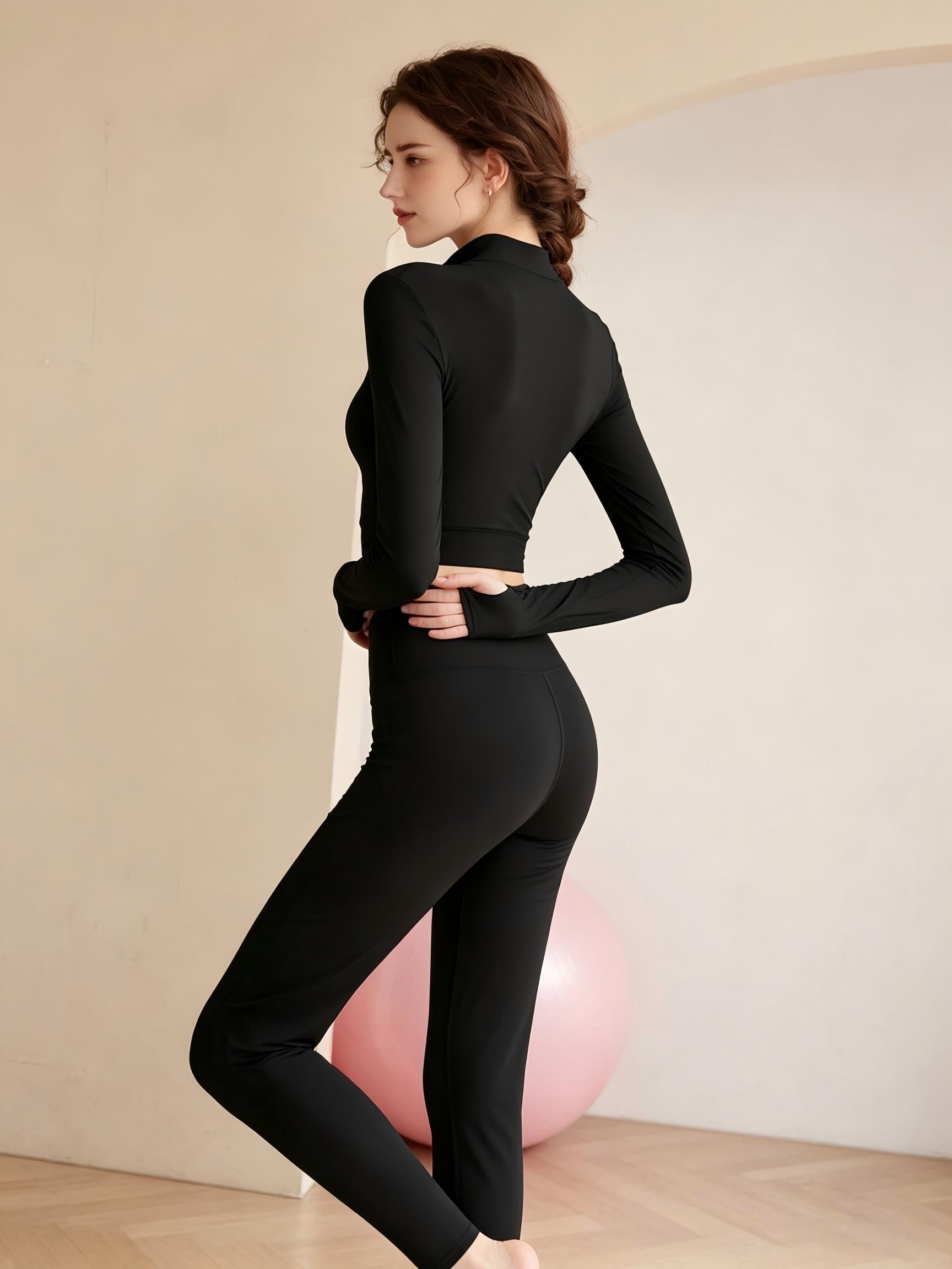 Black Solid Long Sleeve Cropped Activewear Top
