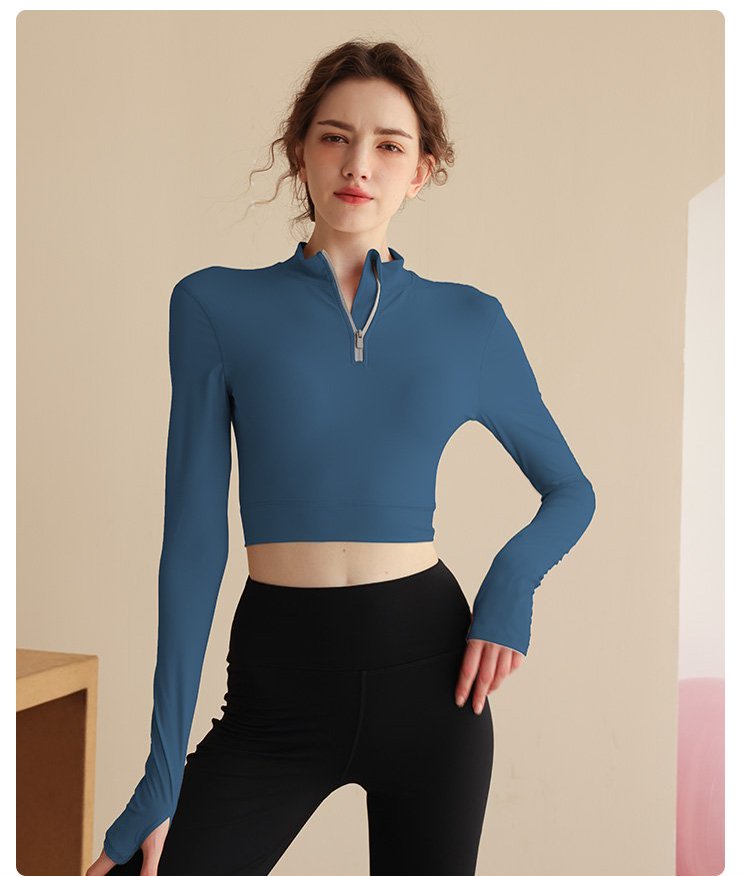 Dark Blue Solid Activewear Crop Top with Half-Zip