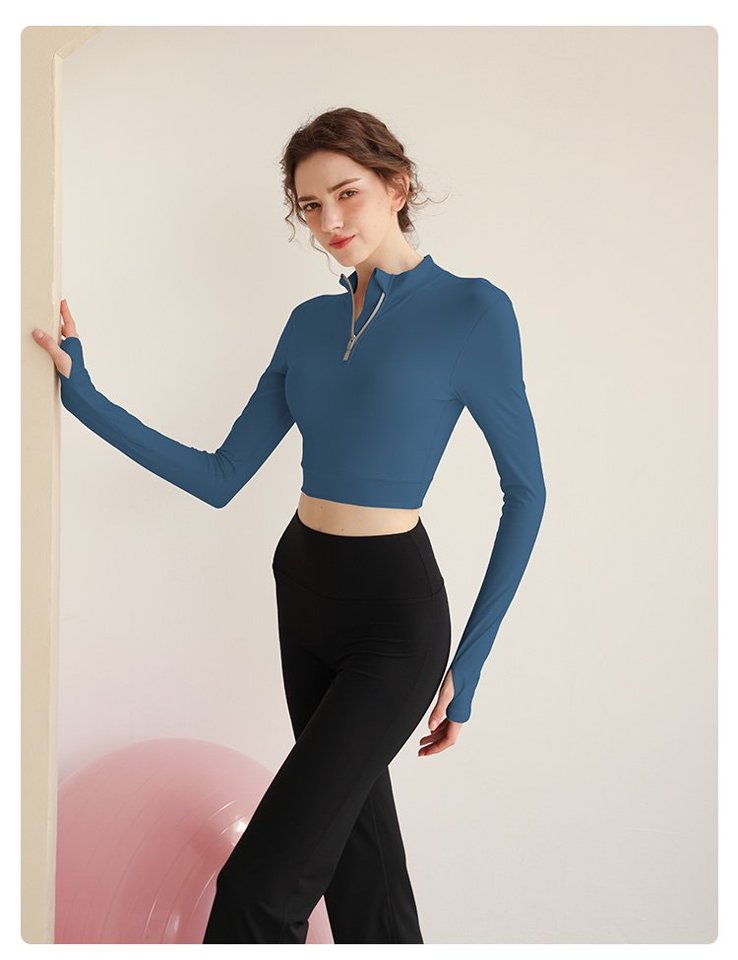 Dark Blue Solid Activewear Crop Top with Half-Zip