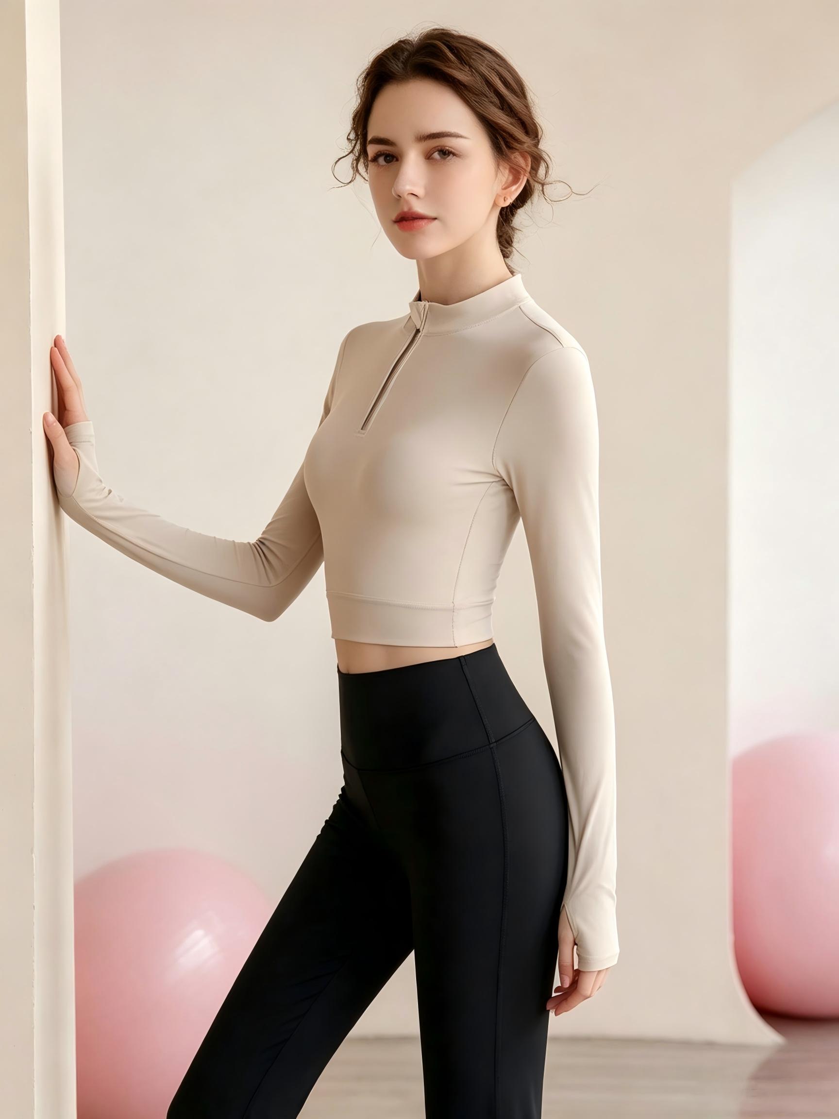 Beige Long Sleeve Zip-Neck Activewear Top