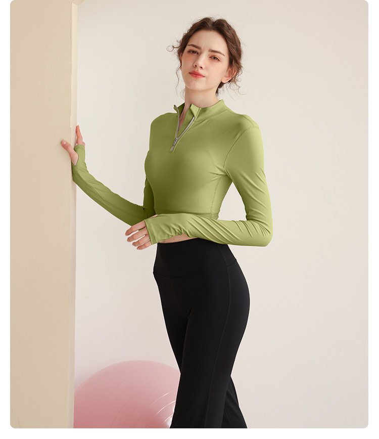 Green Solid Activewear Crop Top with Half-Zip