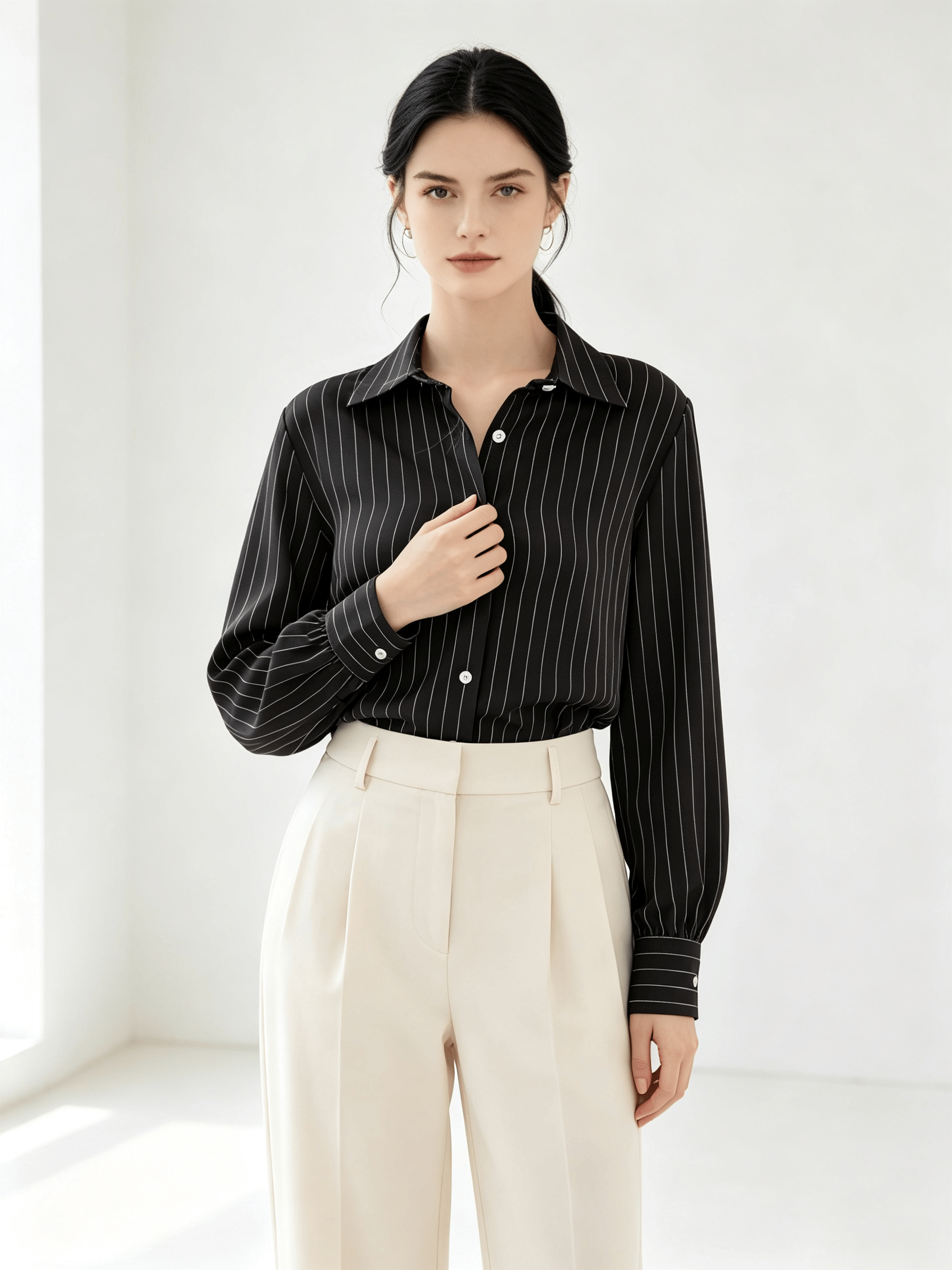Women's Black Pinstripe Long Sleeve Shirt - and Versatile
