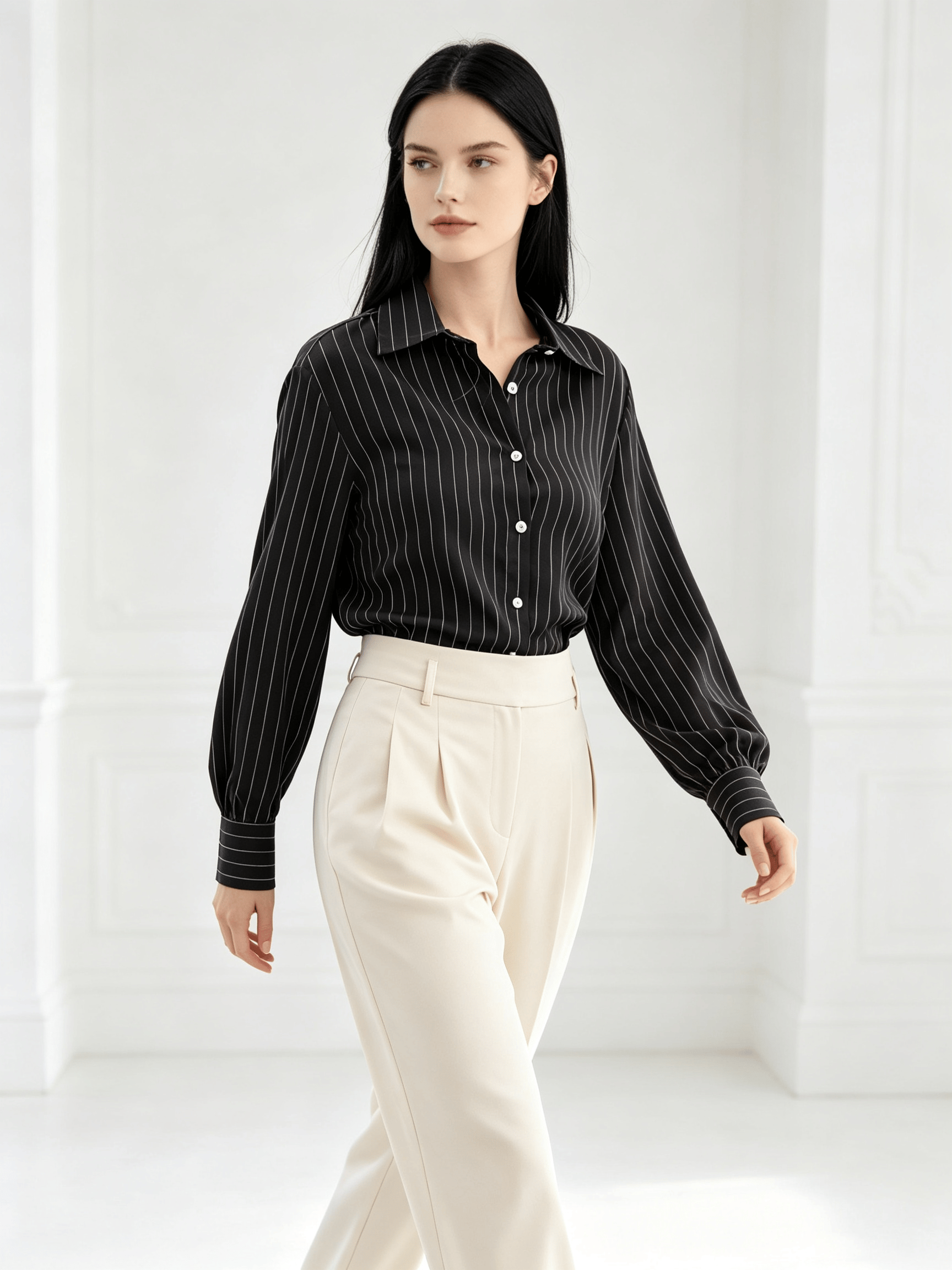 Women's Black Pinstripe Long Sleeve Shirt - and Versatile