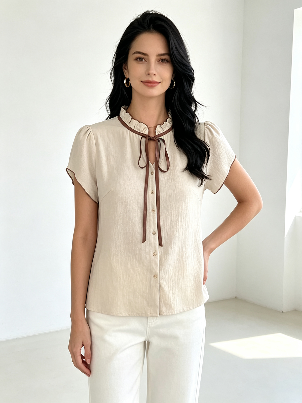 Beige Ruffle Neck Tie Blouse