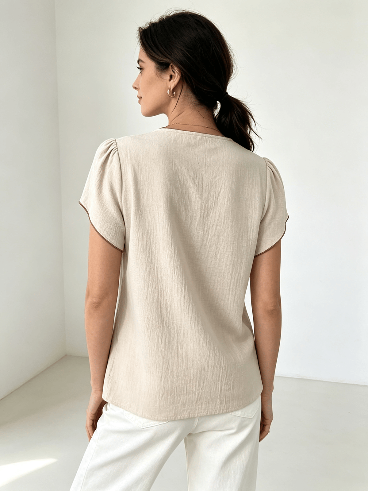 Beige Ruffle Neck Tie Blouse