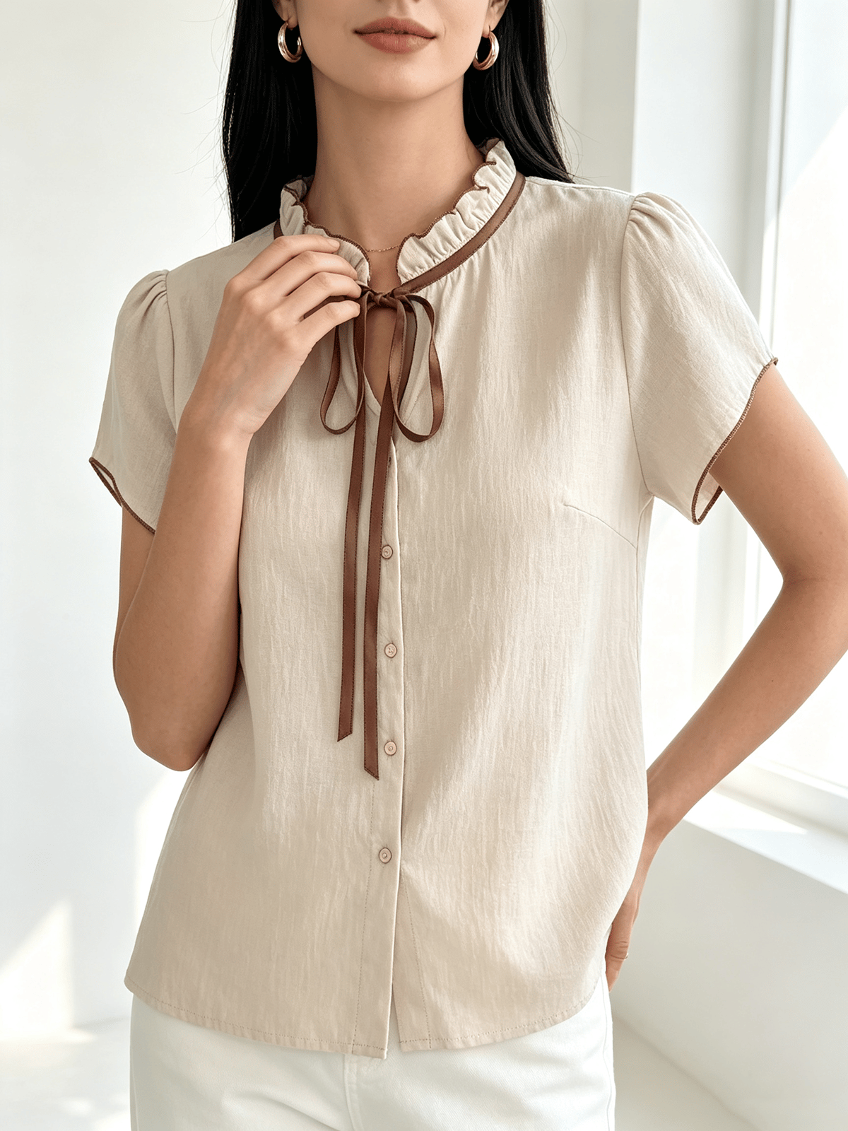 Beige Ruffle Neck Tie Blouse