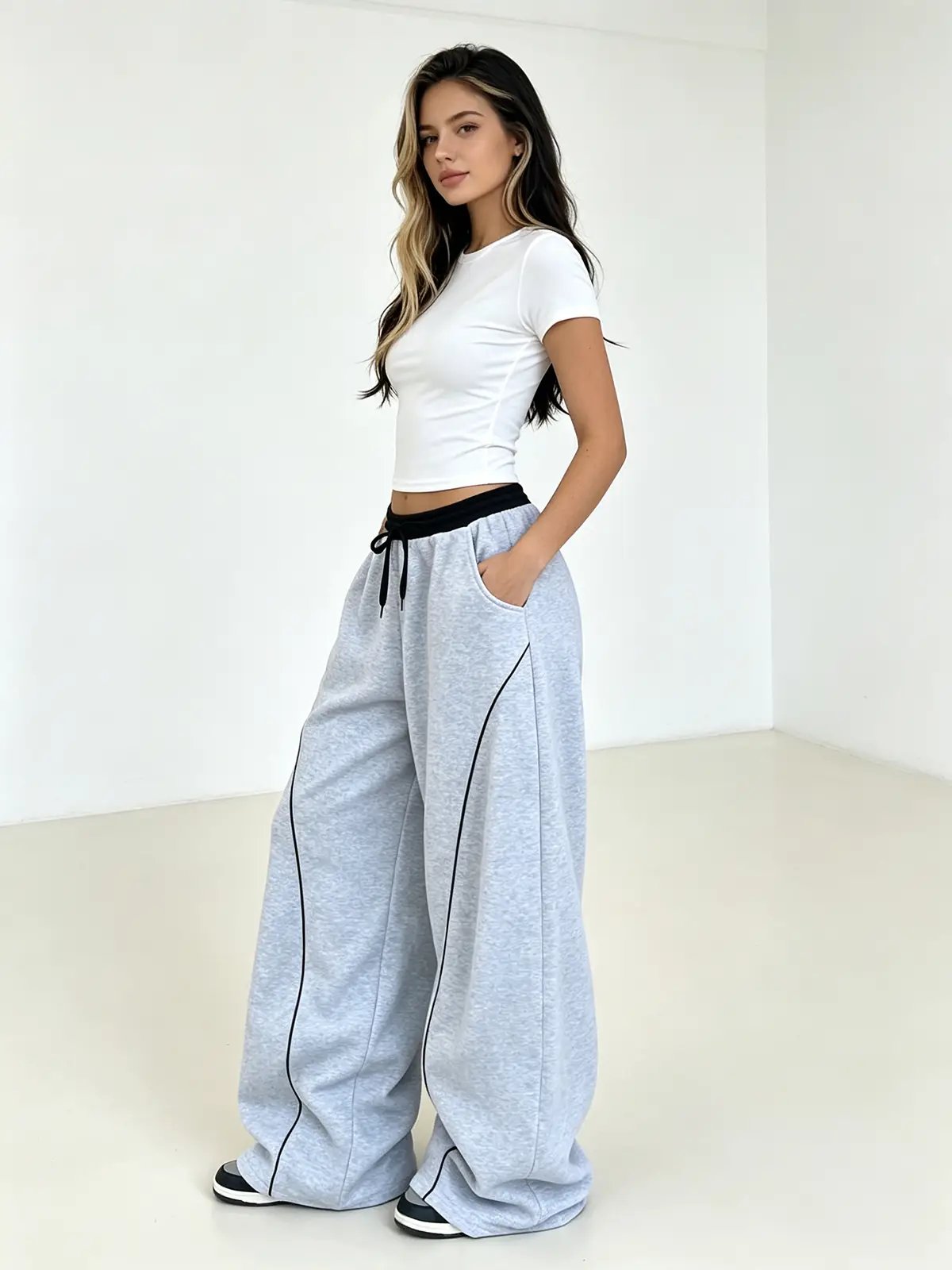 Grey Solid Oversized Trousers