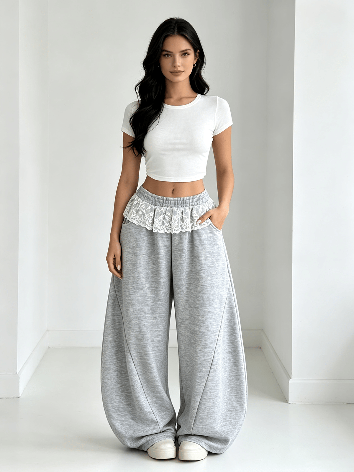 Grey Solid Oversized Trousers