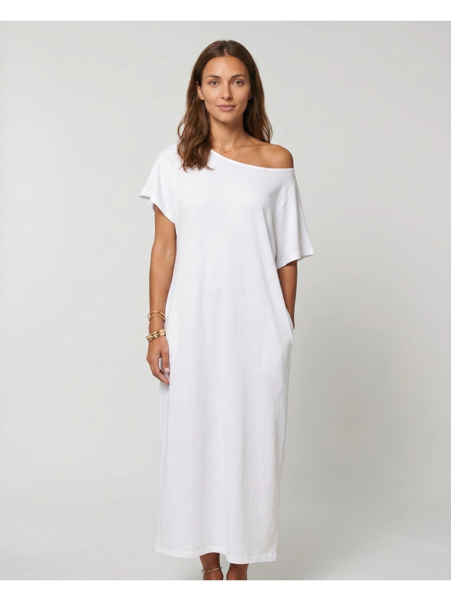 White Maxi Shift Dress with Short Sleeves