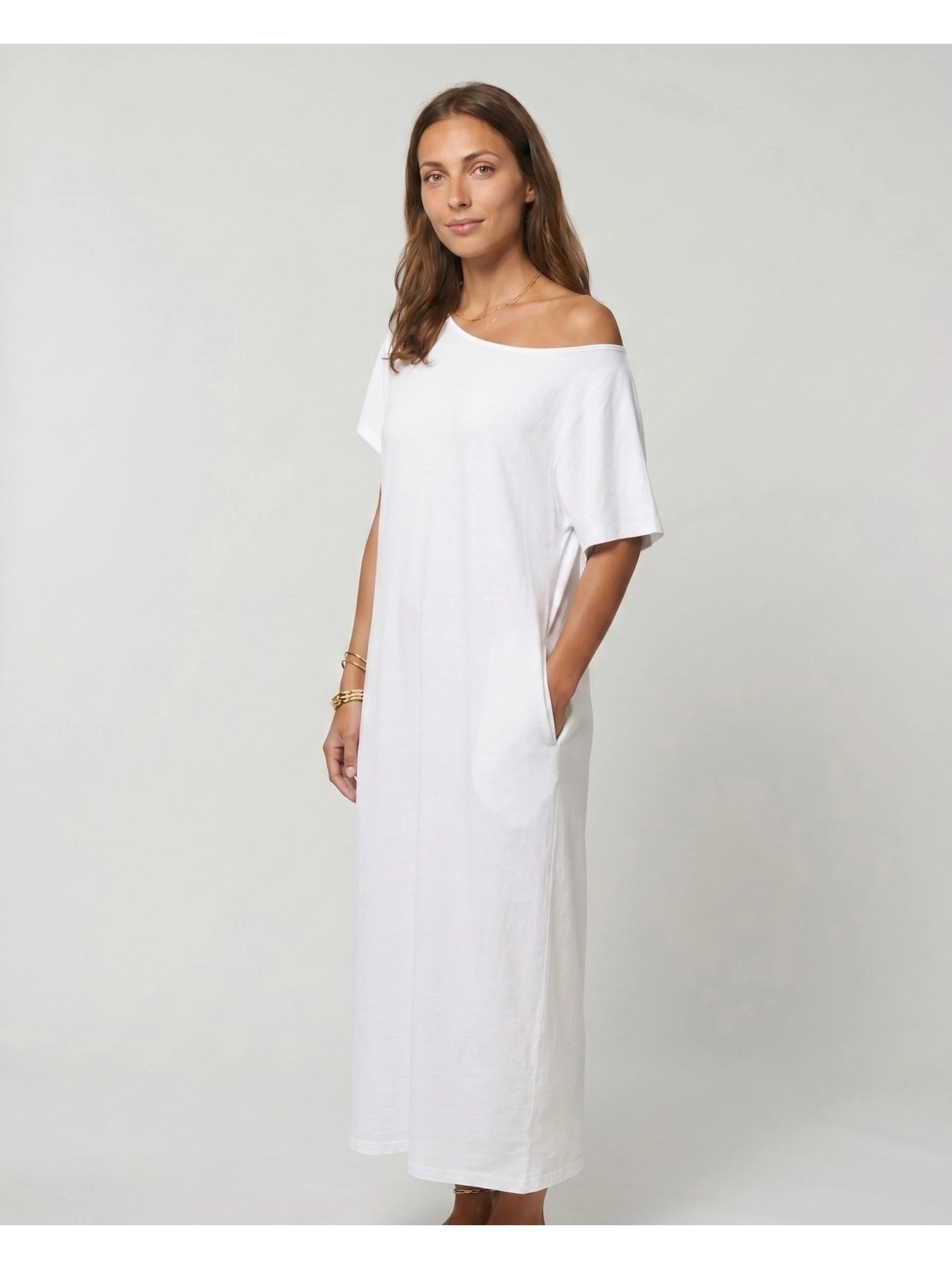 White Maxi Shift Dress with Short Sleeves