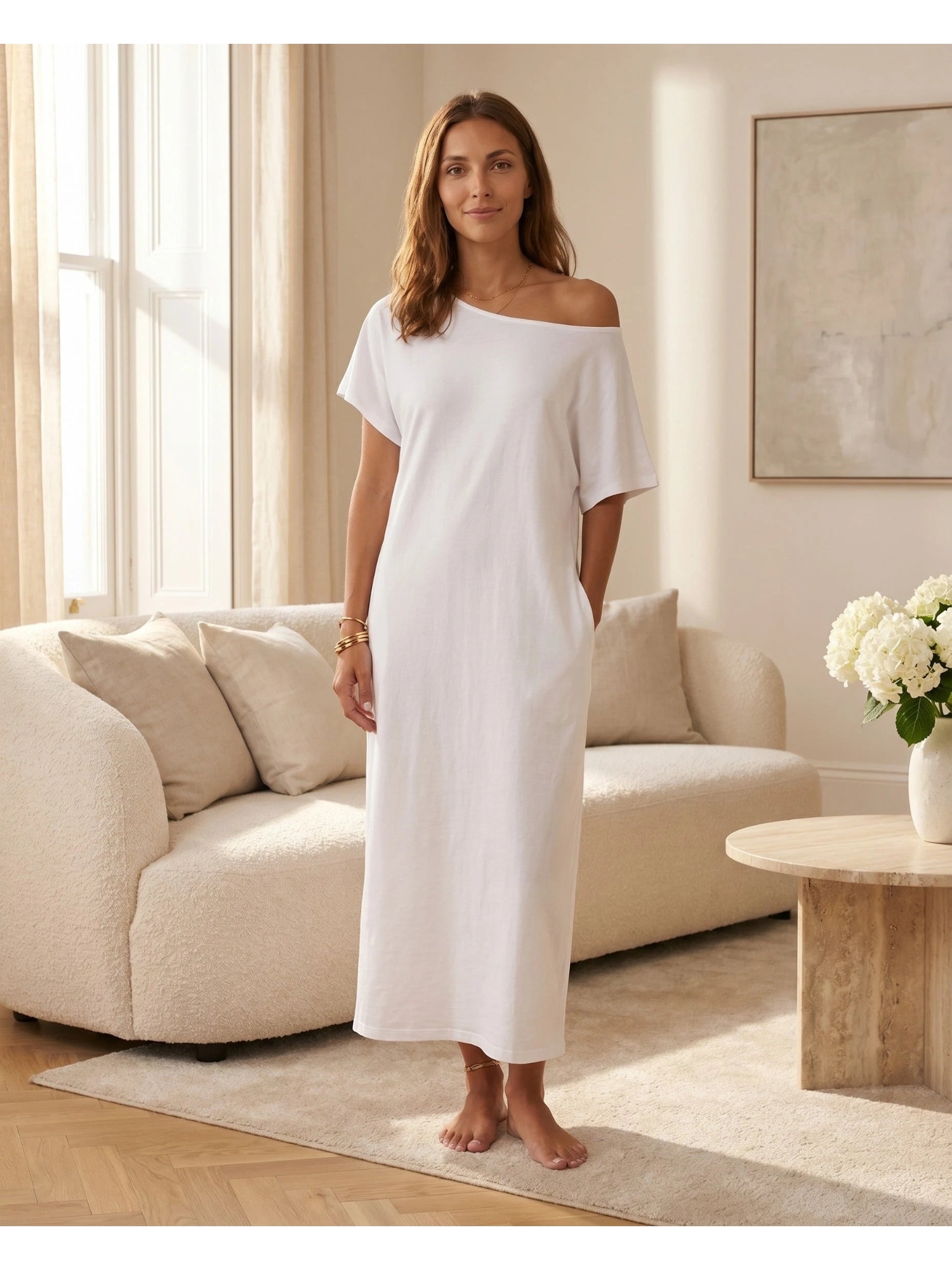 White Maxi Shift Dress with Short Sleeves