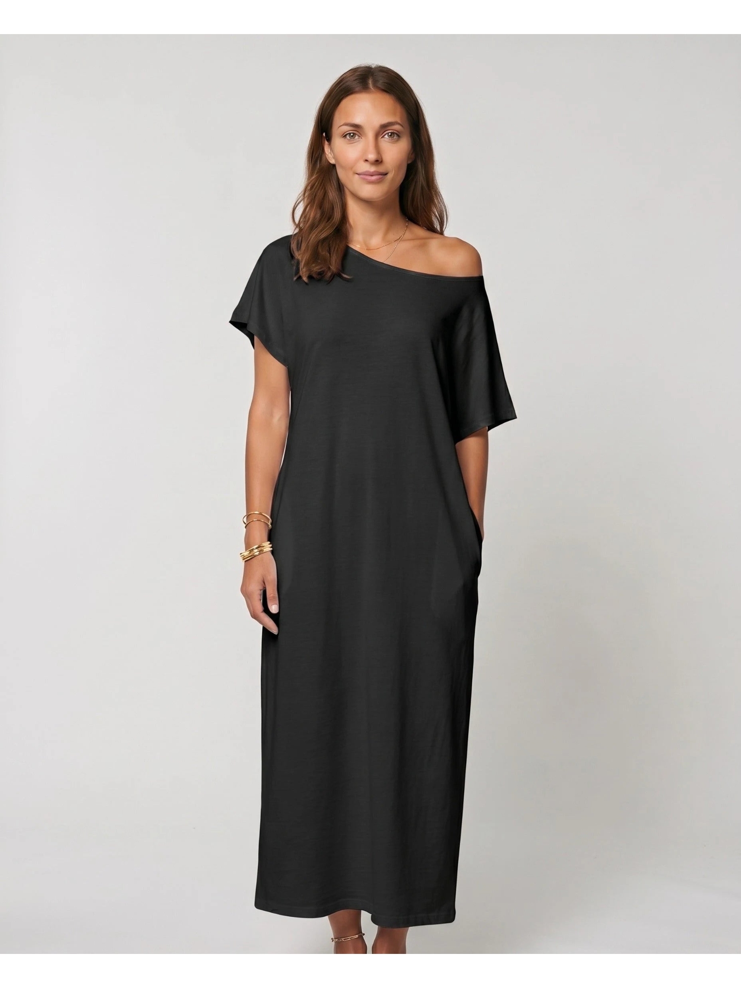 Black Maxi Shift Dress with Short Sleeves