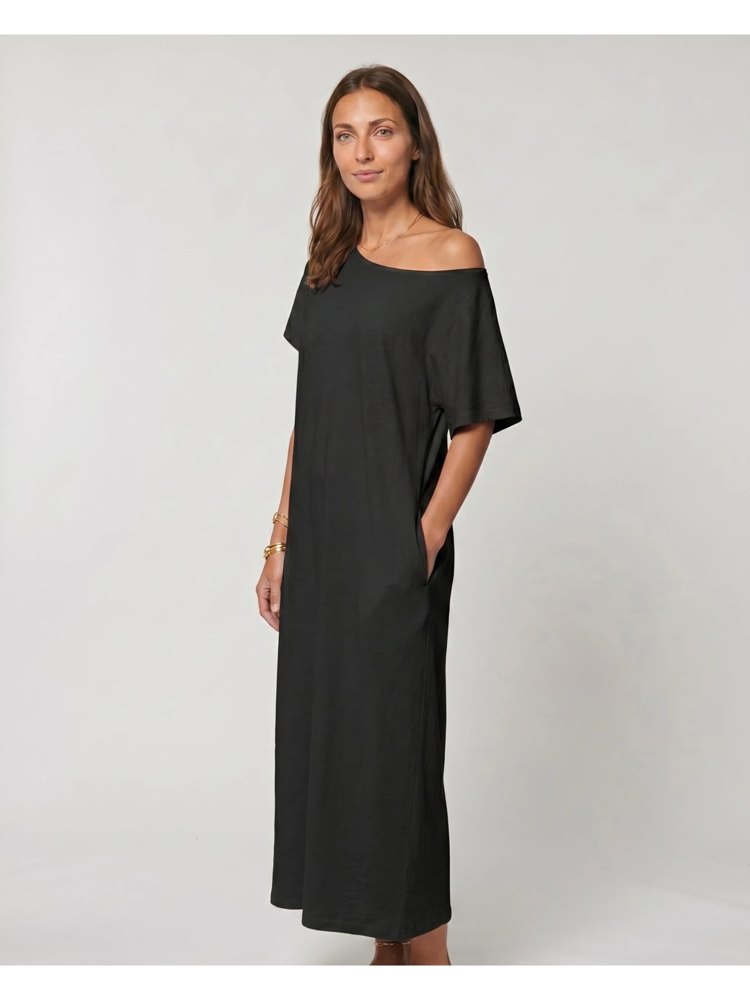 Black Maxi Shift Dress with Short Sleeves