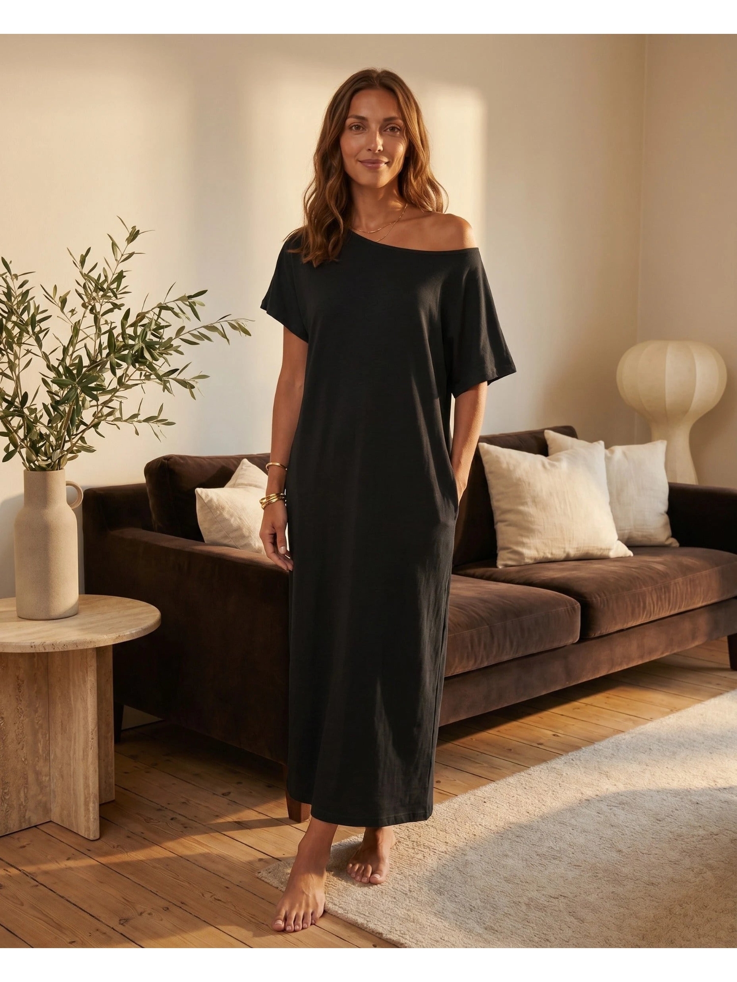 Black Maxi Shift Dress with Short Sleeves
