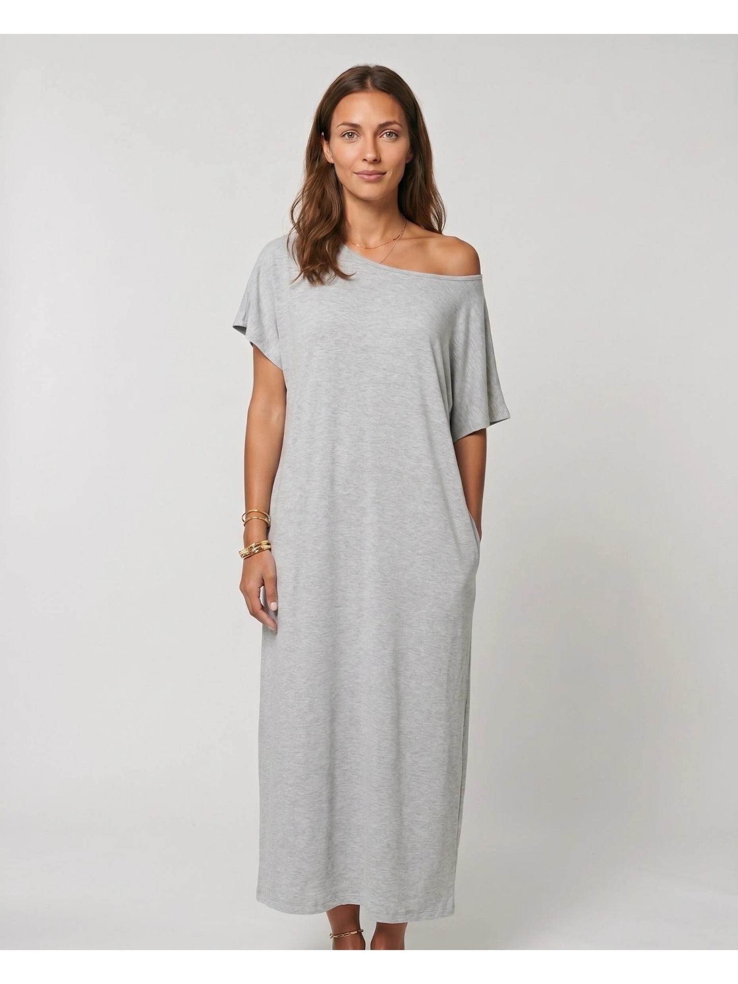 Grey Plain Shift Maxi Dress with Short Sleeves