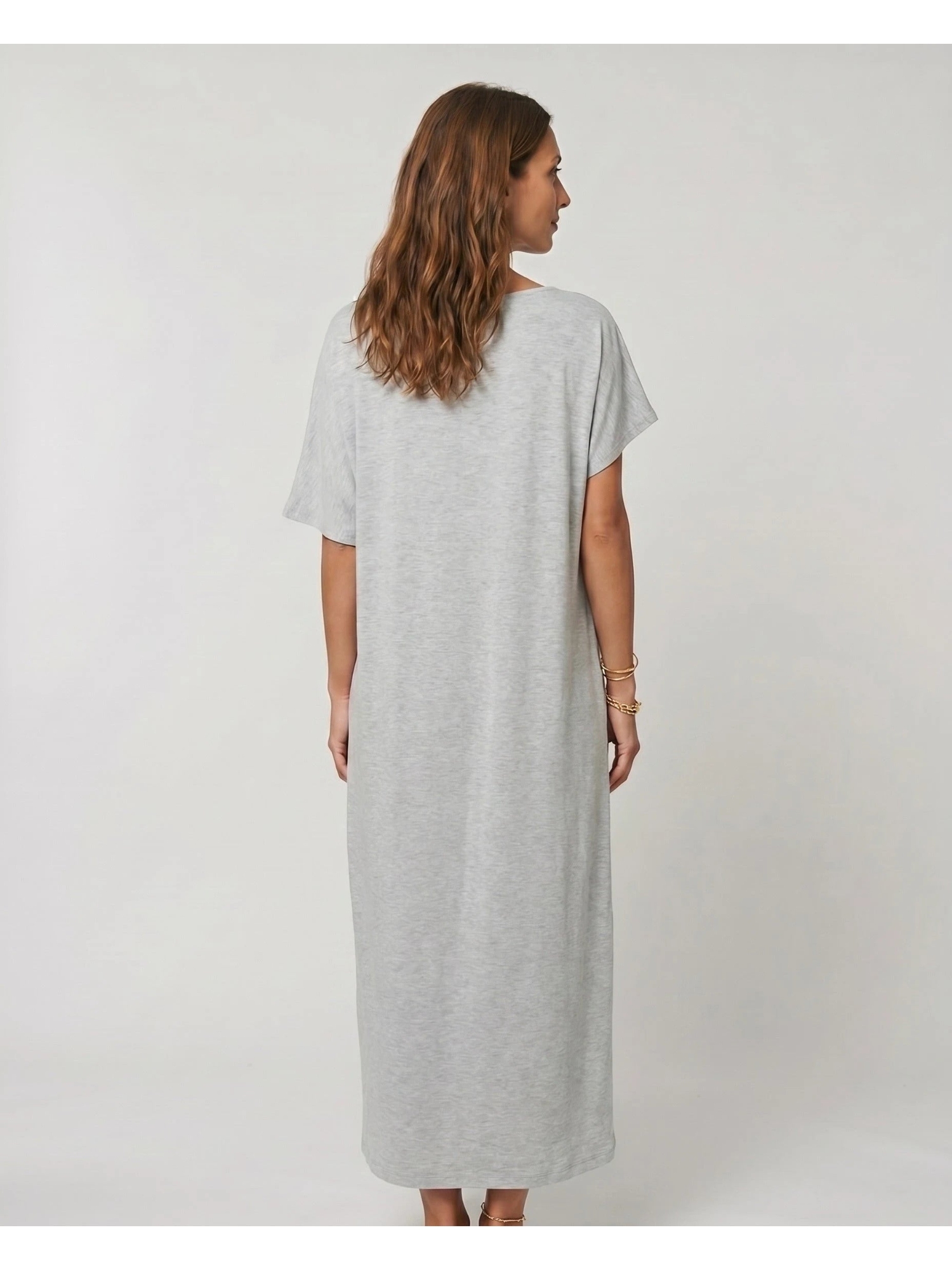 Grey Plain Shift Maxi Dress with Short Sleeves