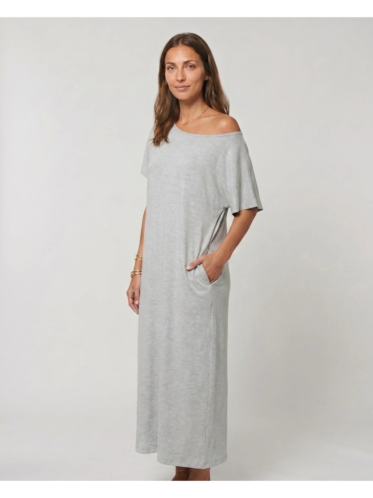 Grey Plain Shift Maxi Dress with Short Sleeves