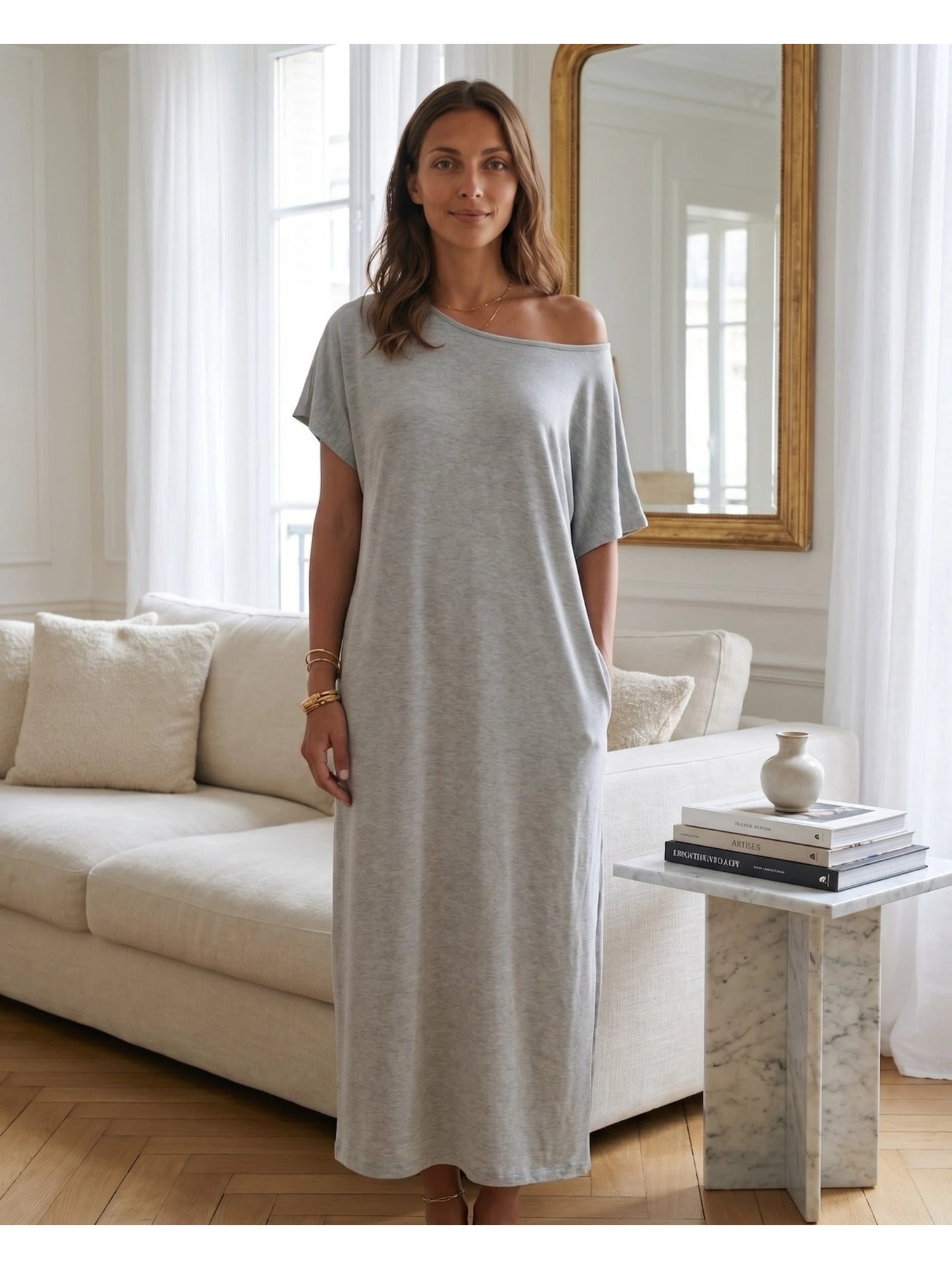 Grey Plain Shift Maxi Dress with Short Sleeves
