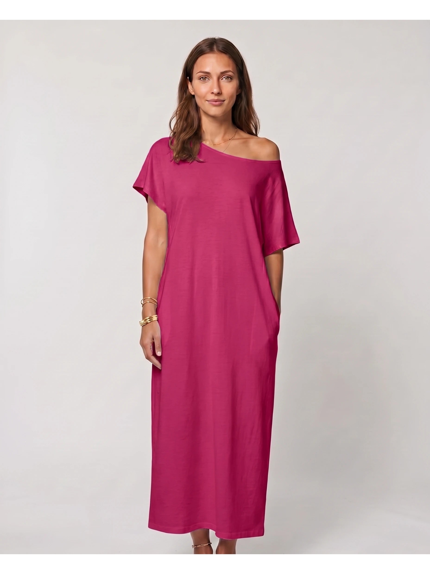 Plain Pink Short Sleeve Shift Maxi Dress