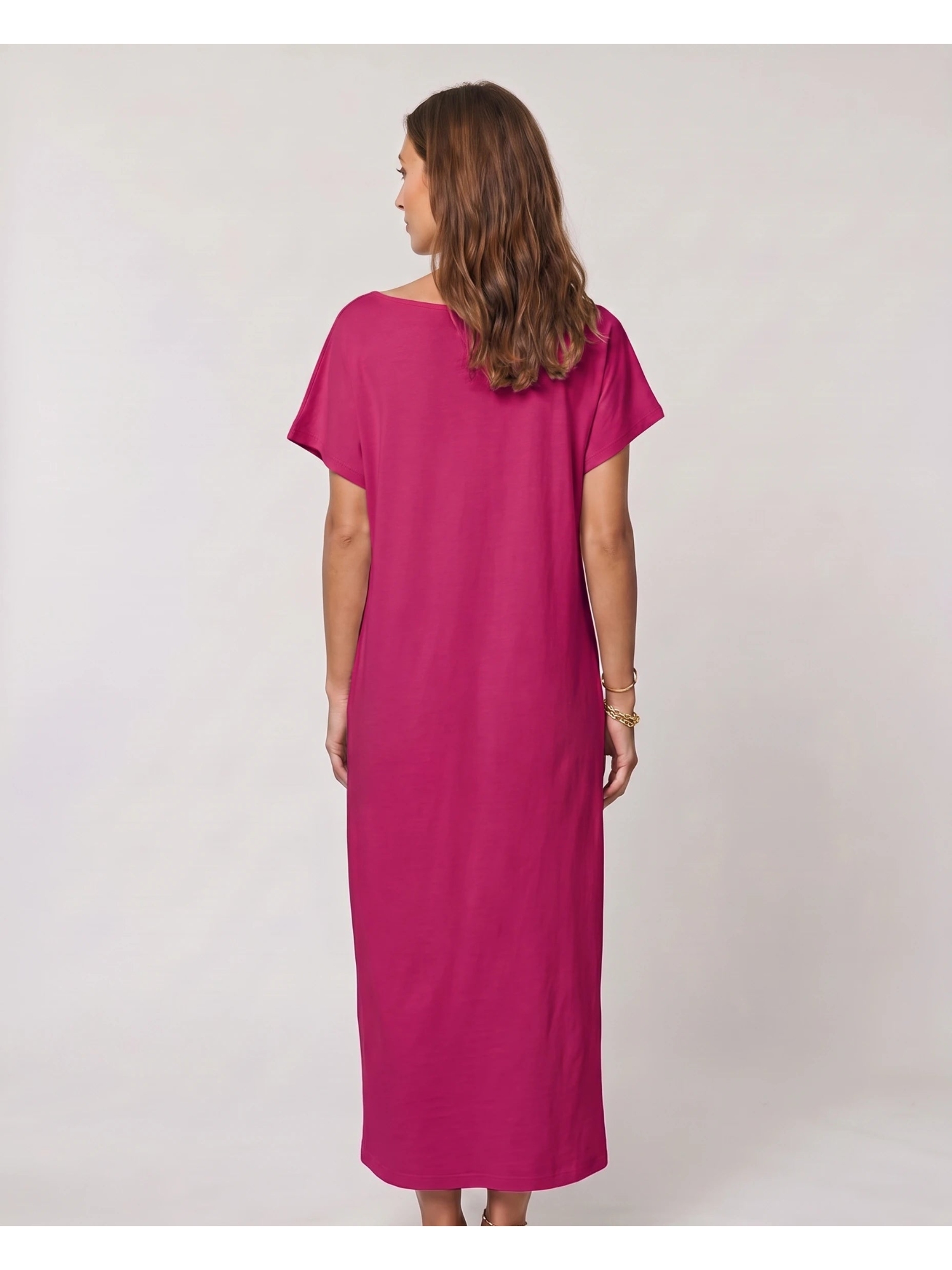 Plain Pink Short Sleeve Shift Maxi Dress