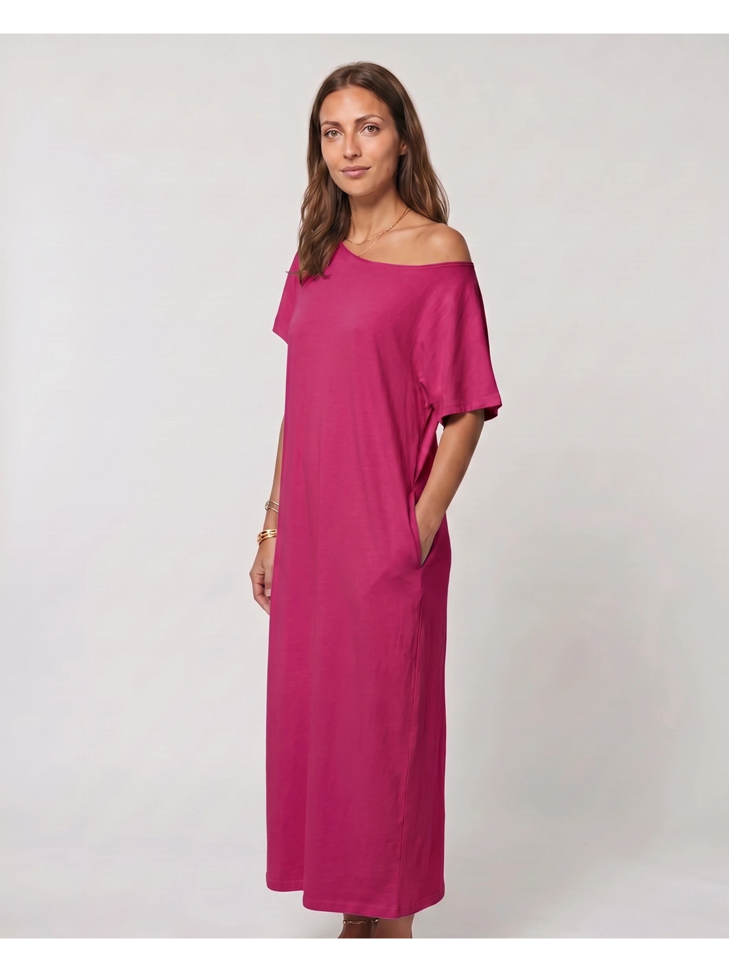 Plain Pink Short Sleeve Shift Maxi Dress