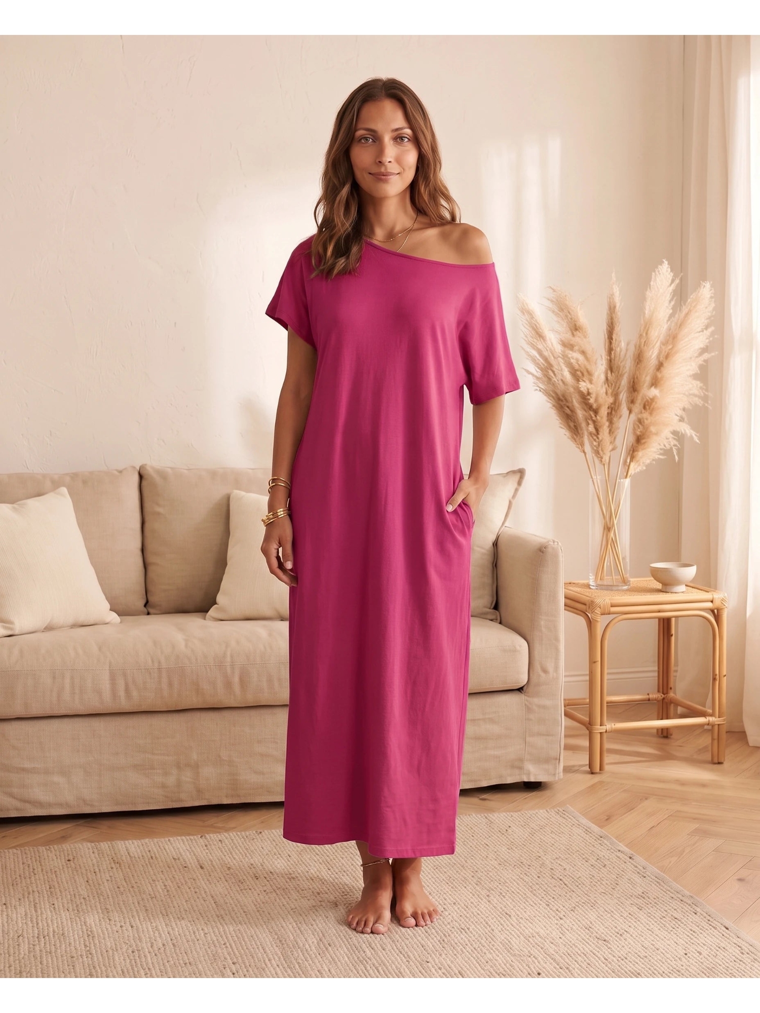 Plain Pink Short Sleeve Shift Maxi Dress